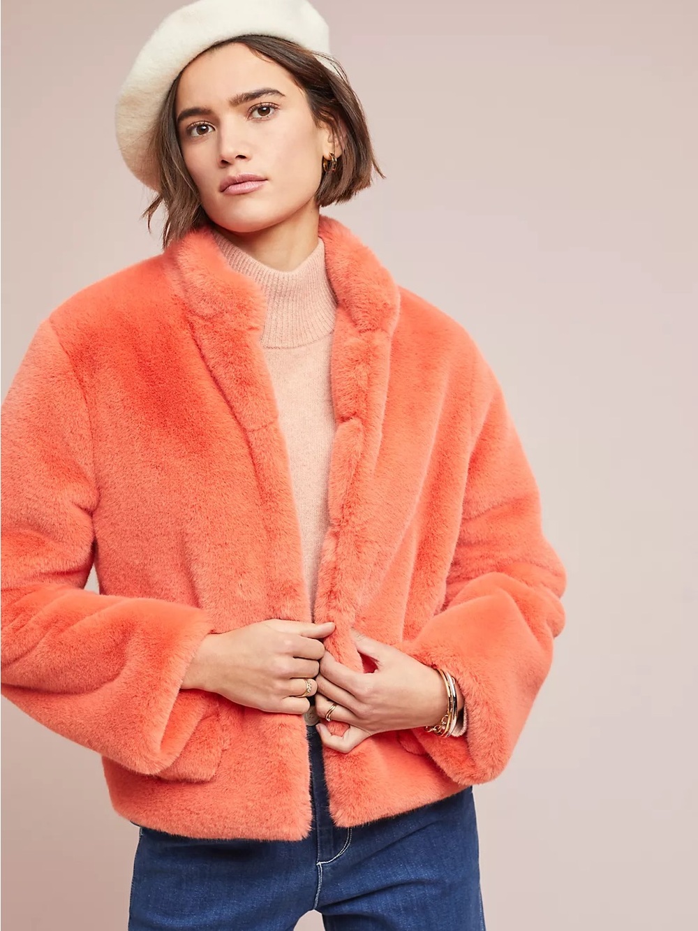 dRA Anthropologie Orange Teddy Faux-Fur Jacket S
